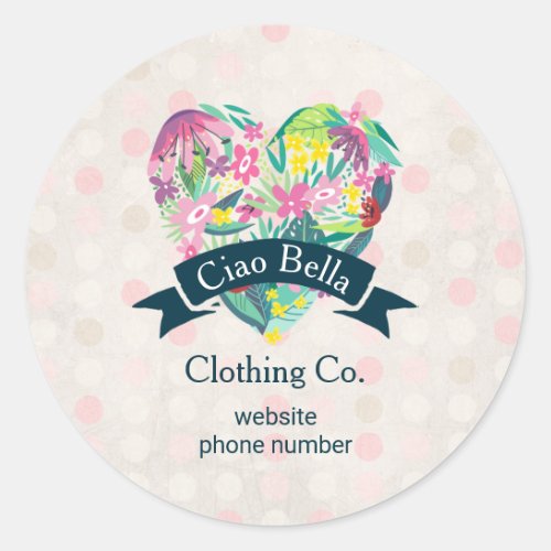 Cute Floral Heart on Pink Circles Business Classic Round Sticker