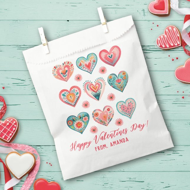 Cute Floral Heart Pattern Favor Bag (A cute Valentine's Day Treat bag with watercolor hearts. Great for a Valentines classroom exchange)