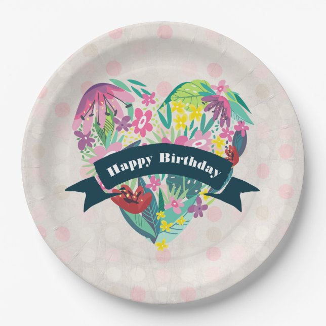 Cute Floral Heart with Tropical Flowers Birthday Paper Plates (Front)