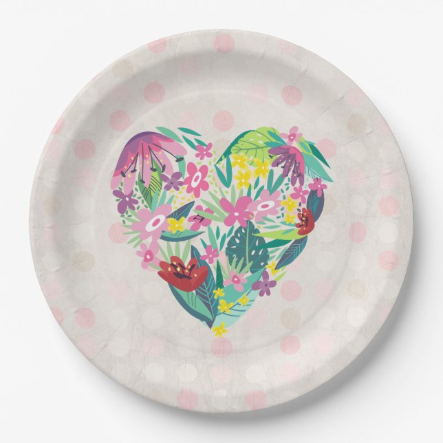 Cute Floral Heart with Tropical Flowers Birthday Paper Plates (Front)