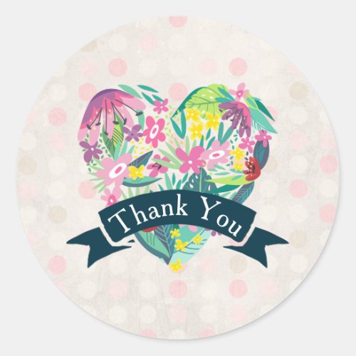 Cute Floral Heart with Tropical Flowers Thank You Classic Round Sticker