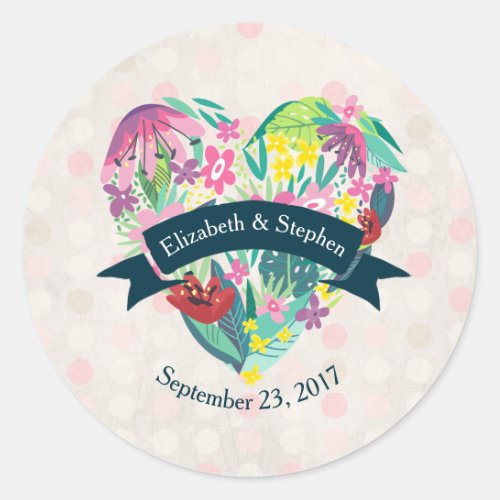 Cute Floral Heart with Tropical Flowers Wedding Classic Round Sticker