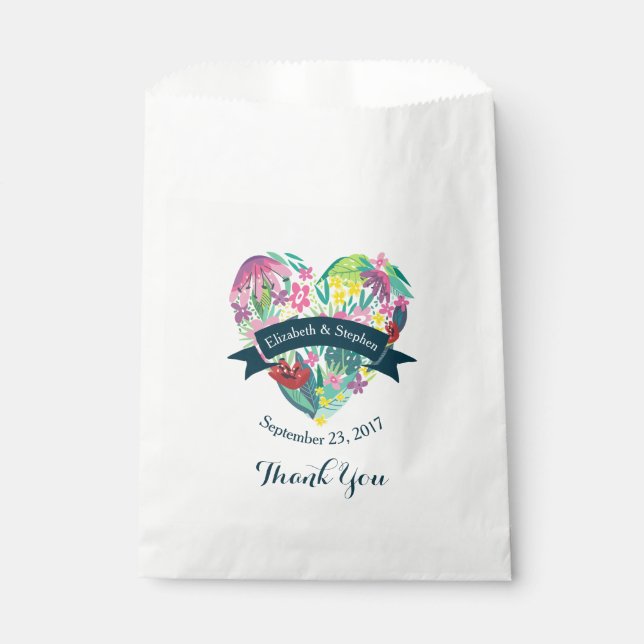 Cute Floral Heart with Tropical Flowers Wedding Favor Bag (Front)