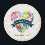 Cute Floral Heart with Tropical Flowers Wedding Magnet<br><div class="desc">A personalized wedding magnet. Customize with your names inside a blue-green ribbon layered over a charming heart filled with flowers and leaves in pink, green and yellow colors. The background is a faded pattern with circles in light pink and white. Summery and whimsical design with a vintage flair. Add your...</div>