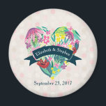Cute Floral Heart with Tropical Flowers Wedding Magnet<br><div class="desc">A personalized wedding magnet. Customize with your names inside a blue-green ribbon layered over a charming heart filled with flowers and leaves in pink, green and yellow colors. The background is a faded pattern with circles in light pink and white. Summery and whimsical design with a vintage flair. Add your...</div>