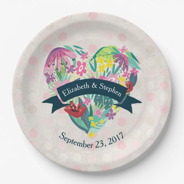 Cute Floral Heart with Tropical Flowers Wedding Paper Plates (Front)