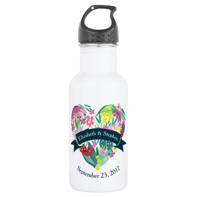 Cute Floral Heart with Tropical Flowers Wedding Water Bottle (Front)