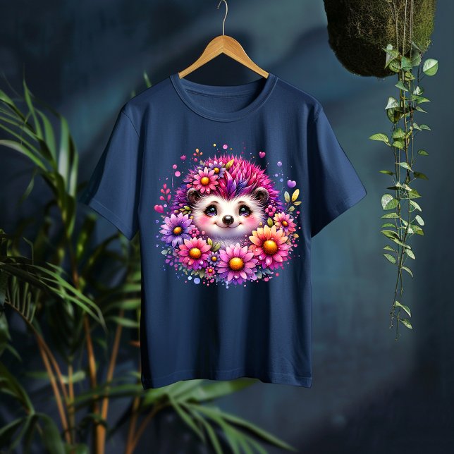 Cute Floral Hedgehog Illustration T-Shirt (Creator Uploaded)