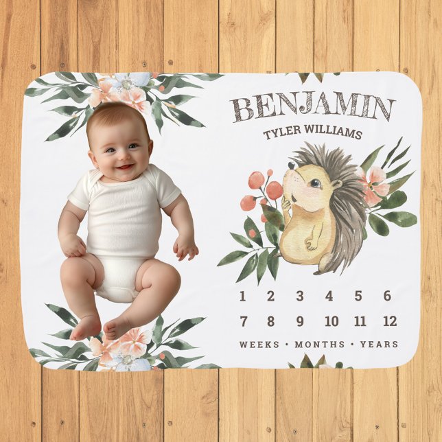 Cute Floral Hedgehog Woodland Forest Milestone Baby Blanket (Creator Uploaded)