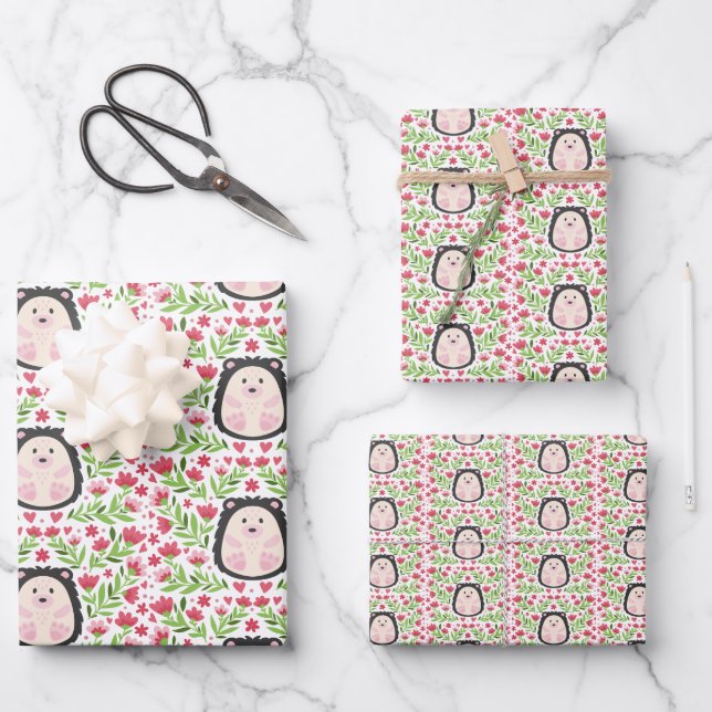Cute Floral Hedgehog Wrapping Paper Sheets (Front)