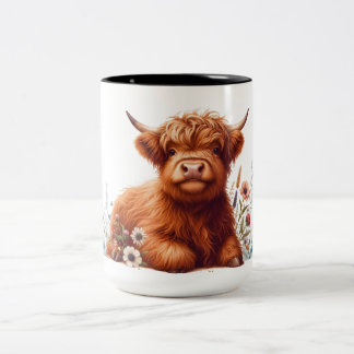 Cute Floral Highland Cow Two-Tone Coffee Mug