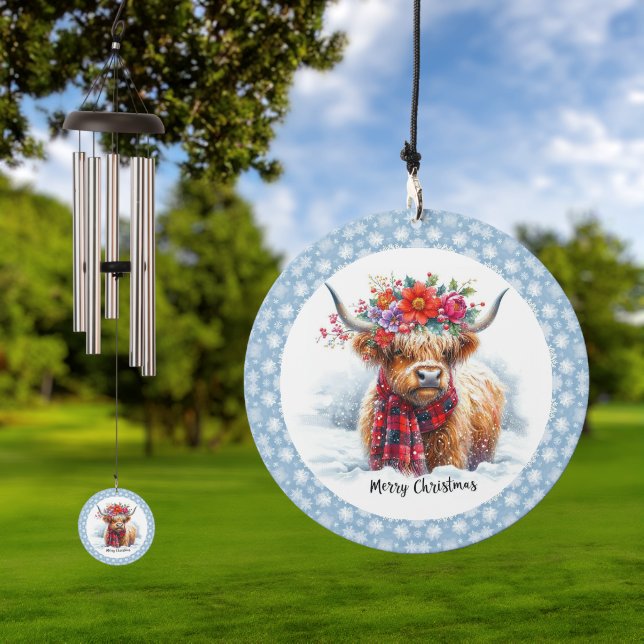 Cute Floral Highland Cow Winter Christmas Wind Chime (Outdoor)