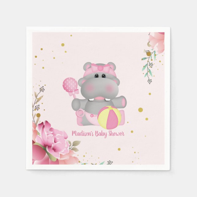 Cute Floral Hippo Baby Shower Paper Napkins (Front)