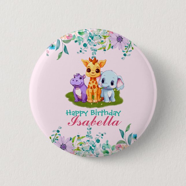 Cute Floral Hippo safari jungle Animals Birthday Button (Front)