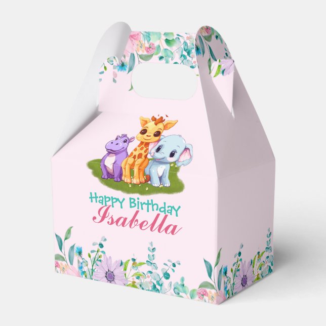 Cute Floral Hippo safari jungle Animals Birthday Favor Boxes (Front Side)