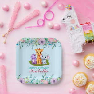 Cute Floral Hippo safari jungle Animals Birthday Paper Plates