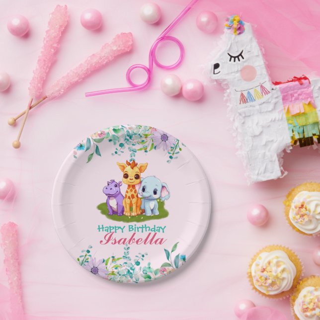 Cute Floral Hippo safari jungle Animals Birthday Paper Plates (Party)