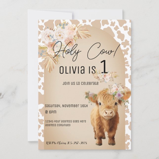 Cute Floral Holy Cow Barnyard Birthday Invitation (Front)