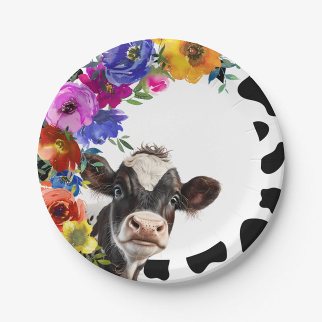 Cute Floral 'Holy Cow' Birthday Paper Plates (Front)