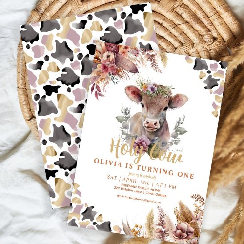 Cute Floral Holy Cow First Birthday Invitation