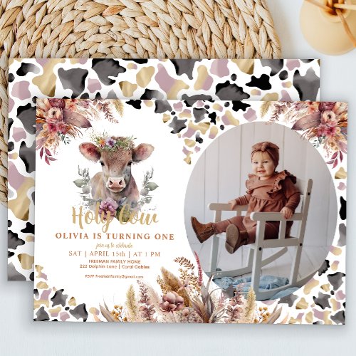 Cute Floral Holy Cow First Birthday Photo Invitation