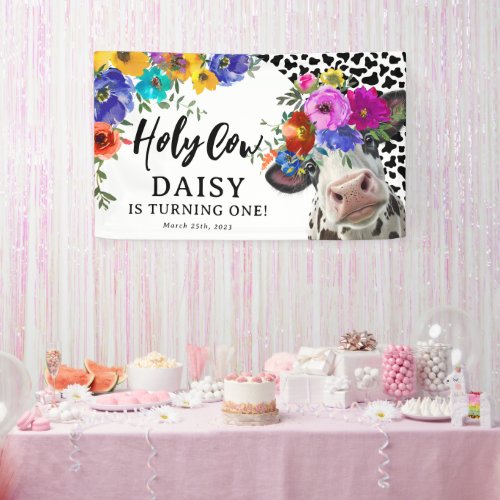 Cute Floral Holy Cow Kids Birthday Party Banner