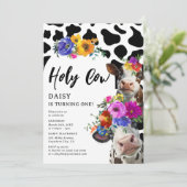 Cute Floral 'Holy Cow' ONE 1st Birthday Party Invitation (Standing Front)
