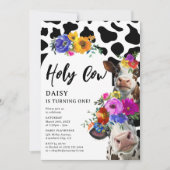 Cute Floral 'Holy Cow' ONE 1st Birthday Party Invitation (Front)