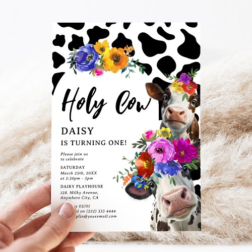Cute Floral Holy Cow ONE 1st Birthday Party Invitation