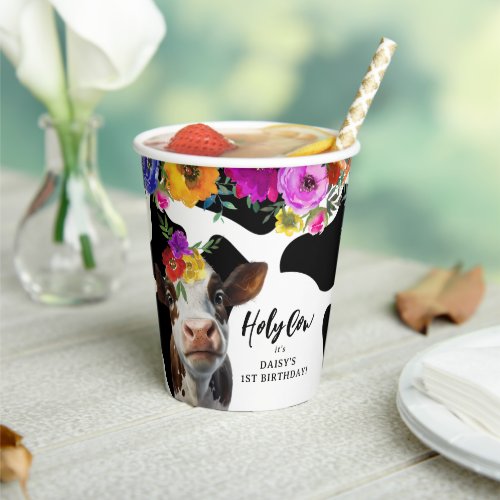 Cute Floral Holy Cow ONE 1st Birthday Party Paper Cups