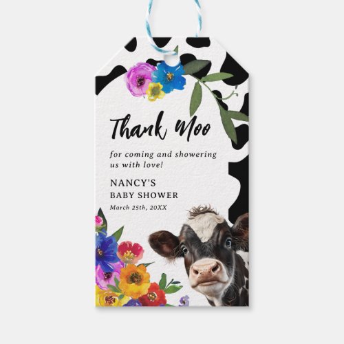 Cute Floral Holy Cow Thank Moo Baby Shower Favor Gift Tags