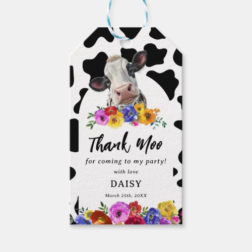 Cute Floral Holy Cow Thank Moo Birthday Favor Gift Tags