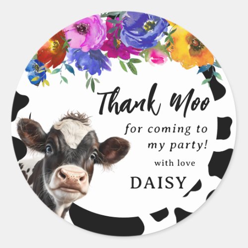 Cute Floral Holy Cow Thank Moo  Classic Round Sticker
