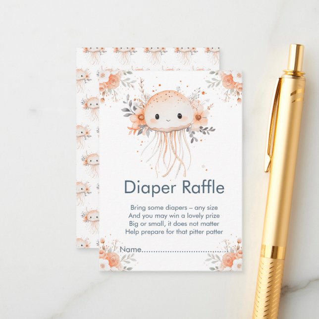 Cute Floral Jellyfish Baby Shower Diaper Raffle Enclosure Card (Front/Back In Situ)