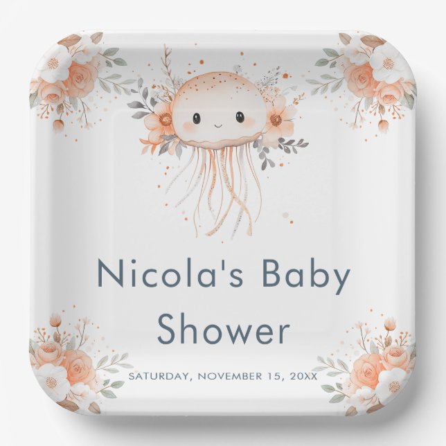 Cute Floral Jellyfish Baby Shower  Paper Plates (Front)
