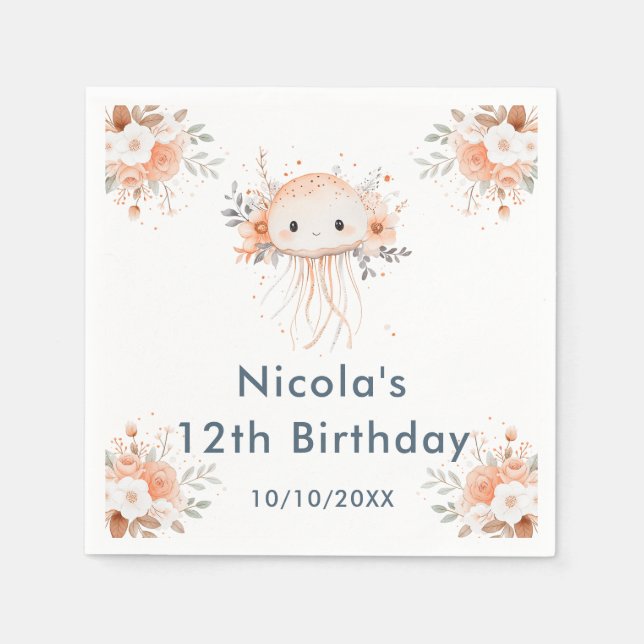 Cute Floral Jellyfish Birthday Party Napkins (Front)