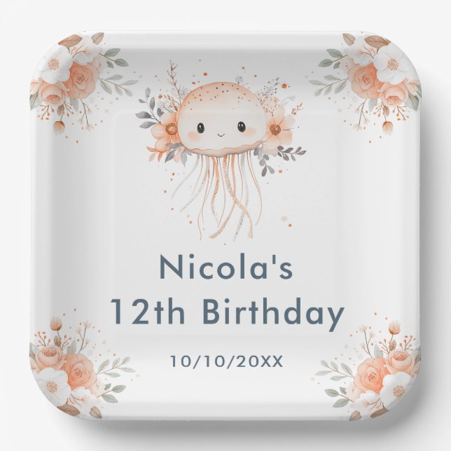 Cute Floral Jellyfish Birthday Party Paper Plates (Front)
