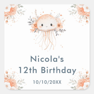 Cute Floral Jellyfish Birthday Party Square Sticker