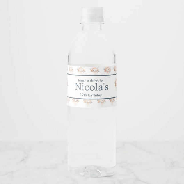Cute Floral Jellyfish Birthday Party Water Bottle Label (Front)