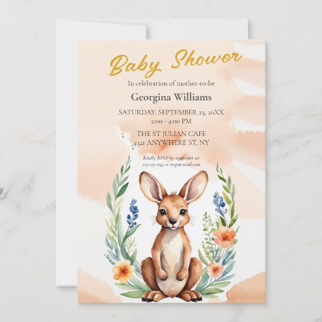 Cute Floral Kangaroo Baby Shower Invitation (Front)