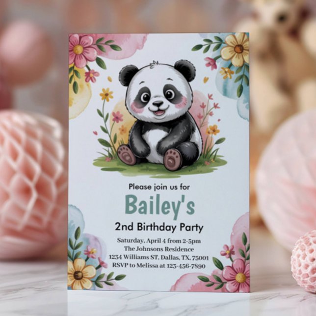Cute Floral Kids Panda 2nd Birthday Party Invitation (Creator Uploaded)