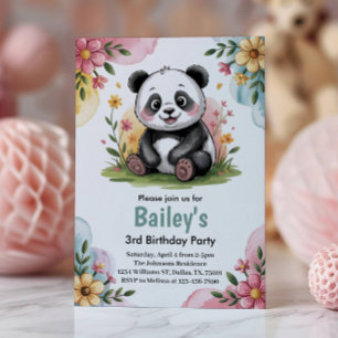 Cute Floral Kids Panda 3rd Birthday Party Invitation