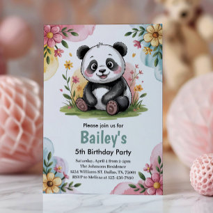 Cute Floral Kids Panda 5th Birthday Party Invitation