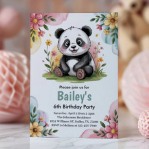 Cute Floral Kids Panda 6th Birthday Party Invitation