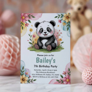 Cute Floral Kids Panda Birthday Party Invitation
