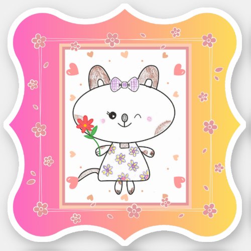 Cute Floral Kitty Pink Yellow Gradient Background Sticker