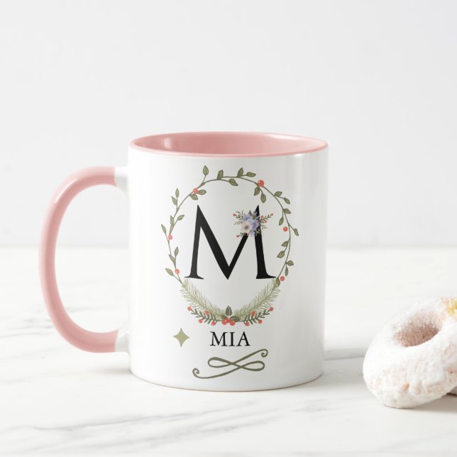 Cute Floral Letter M Monogram Mug (With Donut)