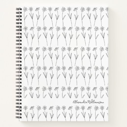 Cute Floral Line Art Black and White Personalized  Notebook