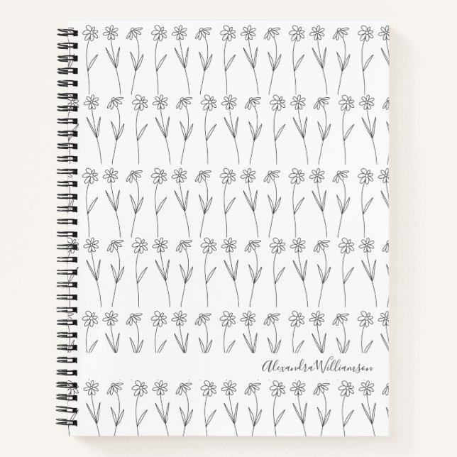 Cute Floral Line Art Black and White Personalized  Notebook (Front)