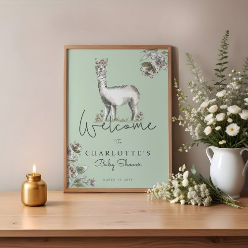 Cute Floral Llama Alpaca Baby Shower Welcome Poster